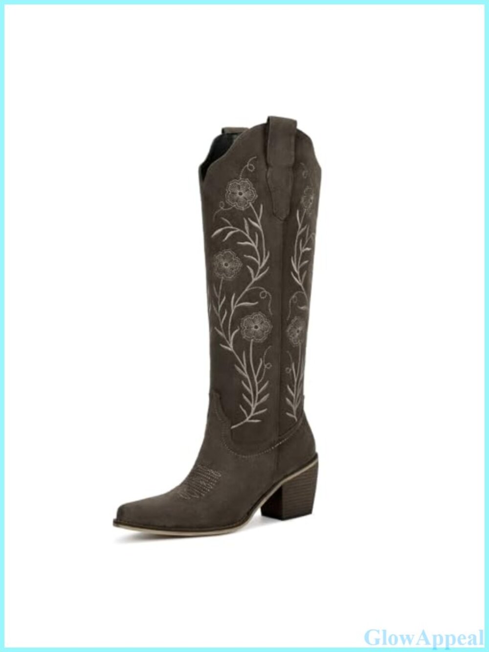 Knee High Cowboy Boots Floral Embroidered Faux Suede Block Heel